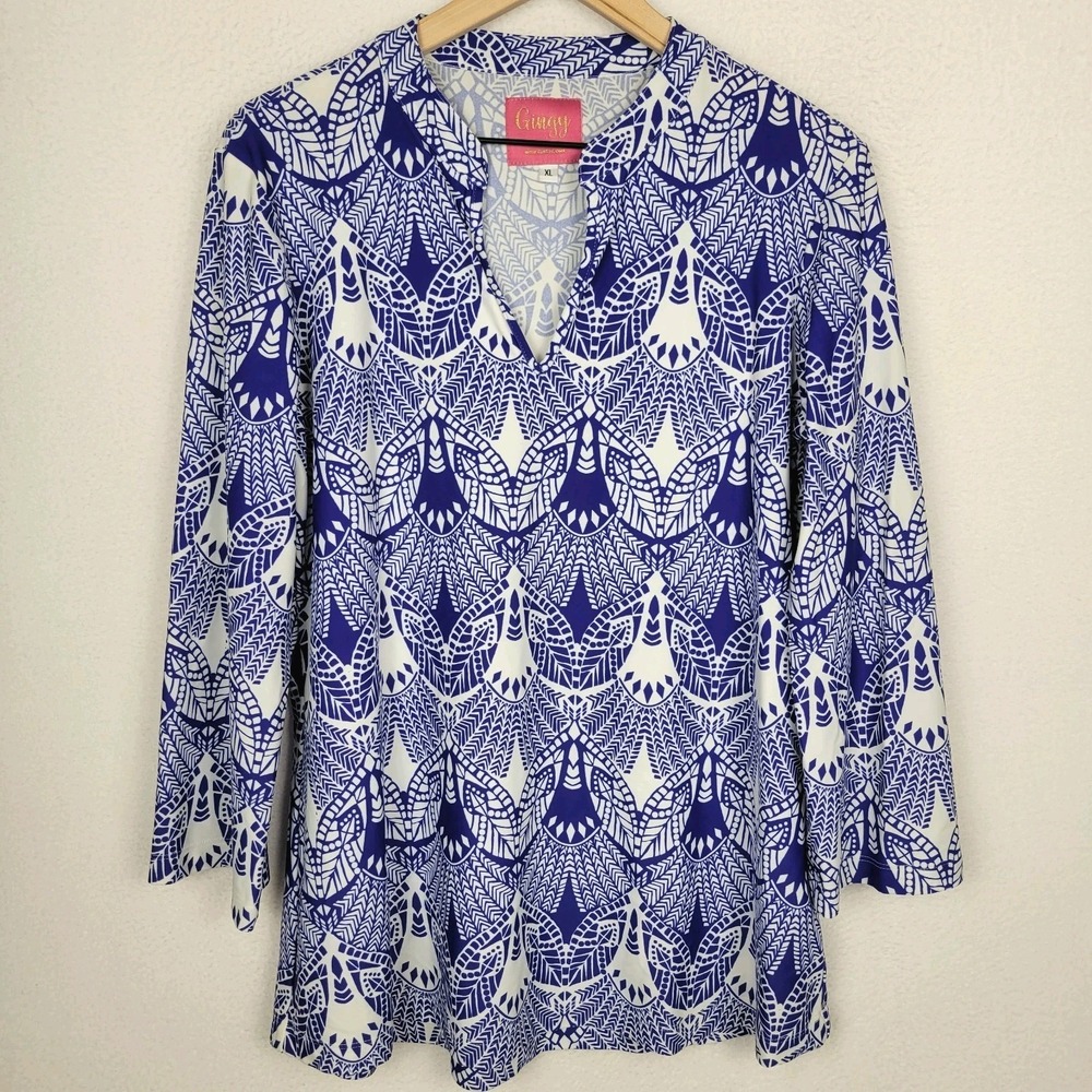 Gingy Blue White Geometric Print Tunic Top Womens XL Long Sleeve V Neck Boho